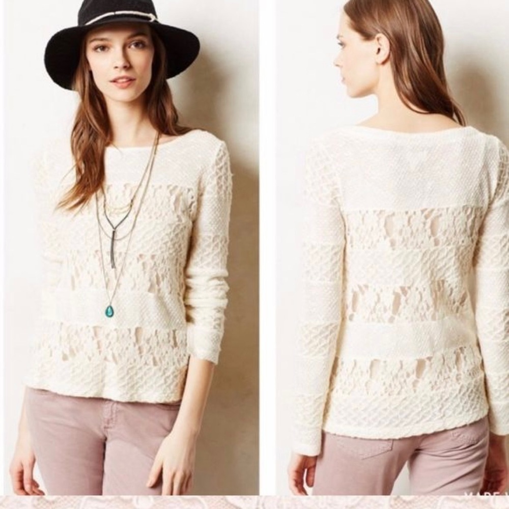 Anthropologie Meadow Rue Cream Lace Crew Neck Sweater – Size Small